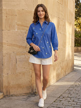 Blue Cotton Tulip Embroidered Shirt