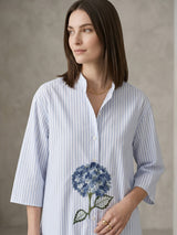 Blue Cotton Stripe Hydrangea Floral Embroidery Shirt