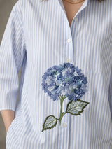 Blue Cotton Stripe Hydrangea Floral Embroidery Shirt