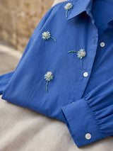 Blue Cotton Tulip Embroidered Shirt