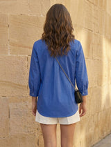 Blue Cotton Tulip Embroidered Shirt