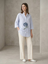 Blue Stripe Floral Embroidered Shirt