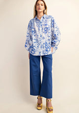 Indigo Baroque Printed Royal Crepe Shirt – White & Blue
