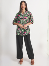 Pink Rose Printed Royal Crape Shirt – Black