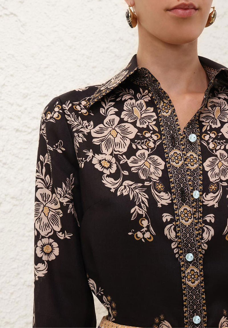 Ornate Garden Tapestry Printed Royal Crepe Shirt – Black