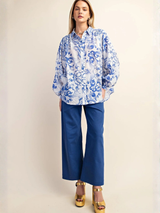 Indigo Baroque Printed Royal Crepe Shirt – White & Blue