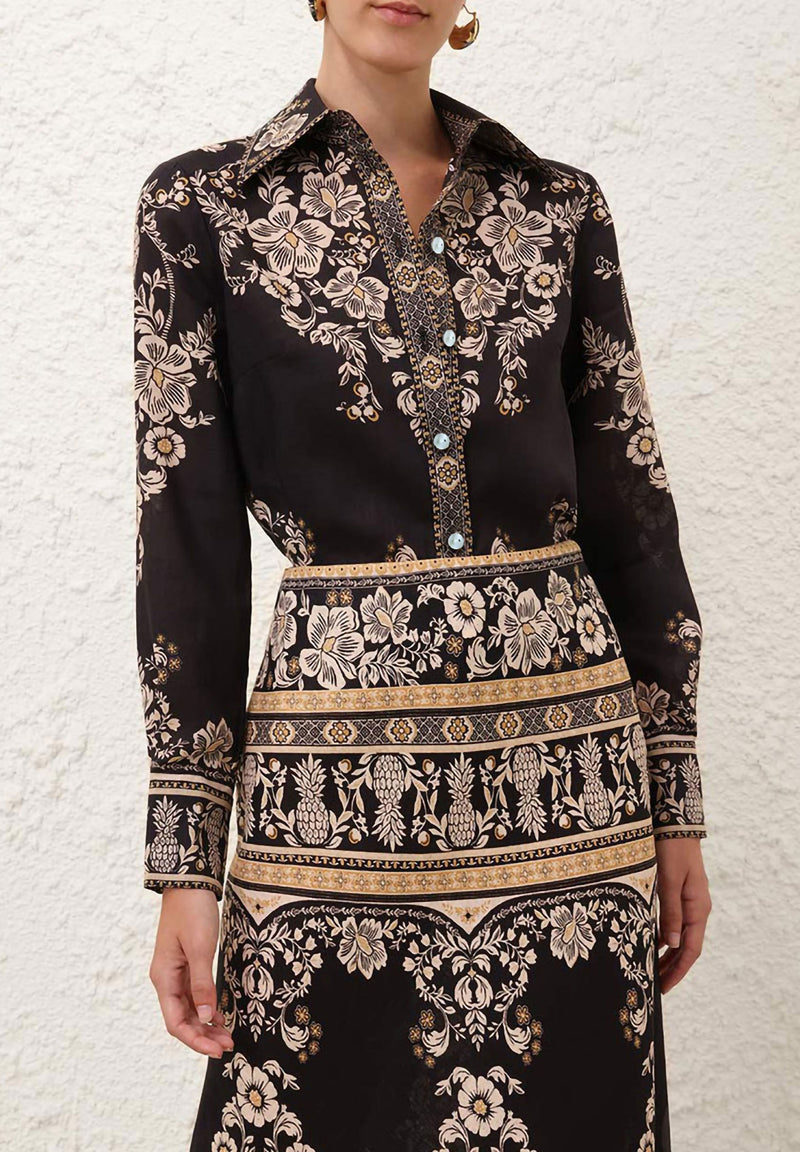 Ornate Garden Tapestry Printed Royal Crepe Shirt – Black