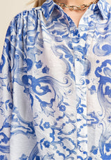 Indigo Baroque Printed Royal Crepe Shirt – White & Blue