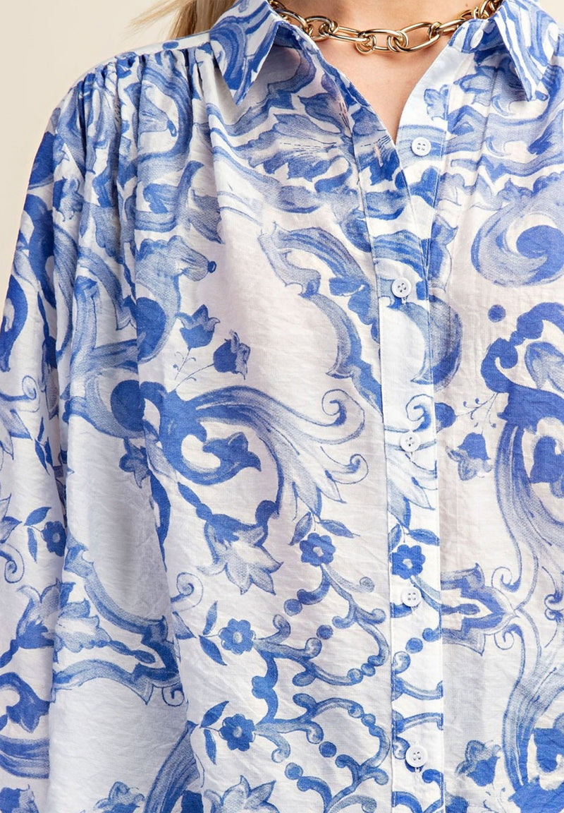 Indigo Baroque Printed Royal Crepe Shirt – White & Blue