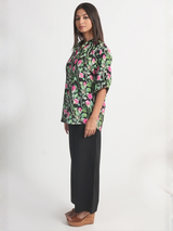 Pink Rose Printed Royal Crape Shirt – Black