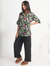 Pink Rose Printed Royal Crape Shirt – Black