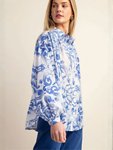 Indigo Baroque Printed Royal Crepe Shirt – White & Blue