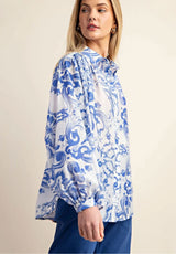 Indigo Baroque Printed Royal Crepe Shirt – White & Blue