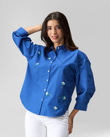 Blue Cotton Tulip Hand Embroidered Shirt
