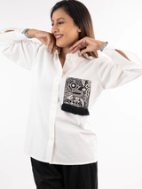 White & Black Embroidered Tassel Shirt