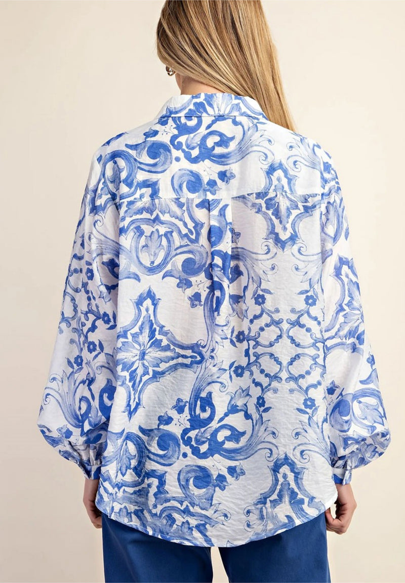 Indigo Baroque Printed Royal Crepe Shirt – White & Blue
