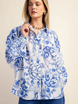 Indigo Baroque Printed Royal Crepe Shirt – White & Blue