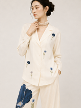 Siorai Ivory Cream and Blue Cotton Magic Bead Embroidered Co-ord Set