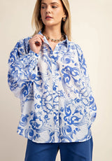 Indigo Baroque Printed Royal Crepe Shirt – White & Blue
