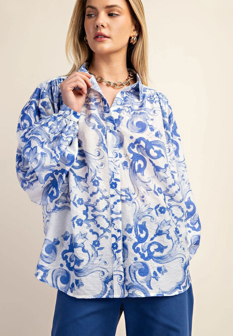 Indigo Baroque Printed Royal Crepe Shirt – White & Blue