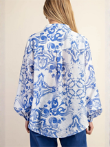 Indigo Baroque Printed Royal Crepe Shirt – White & Blue