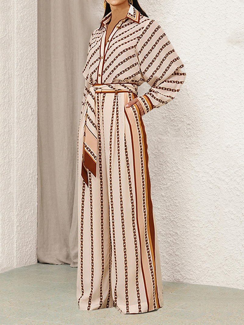 Chain-Link Stripe Patterned Royal Crape Co-ord Set – Beige