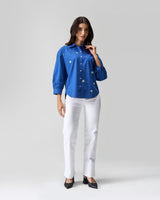 Blue Cotton Tulip Hand Embroidered Shirt