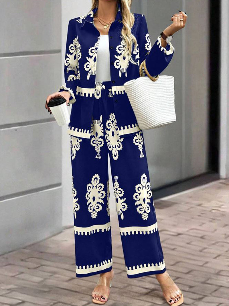 Dusk Meadow Floral Printed Royal Crape Co-ord Set – Blue