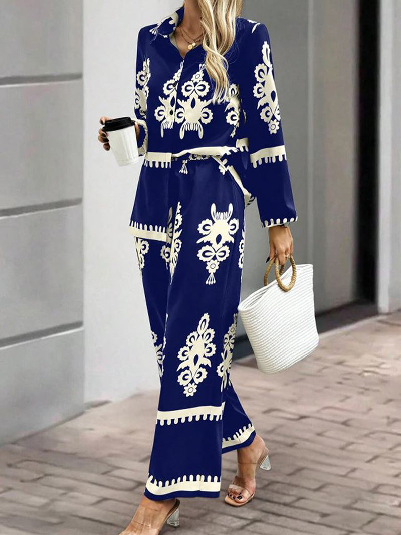 Dusk Meadow Floral Printed Royal Crape Co-ord Set – Blue