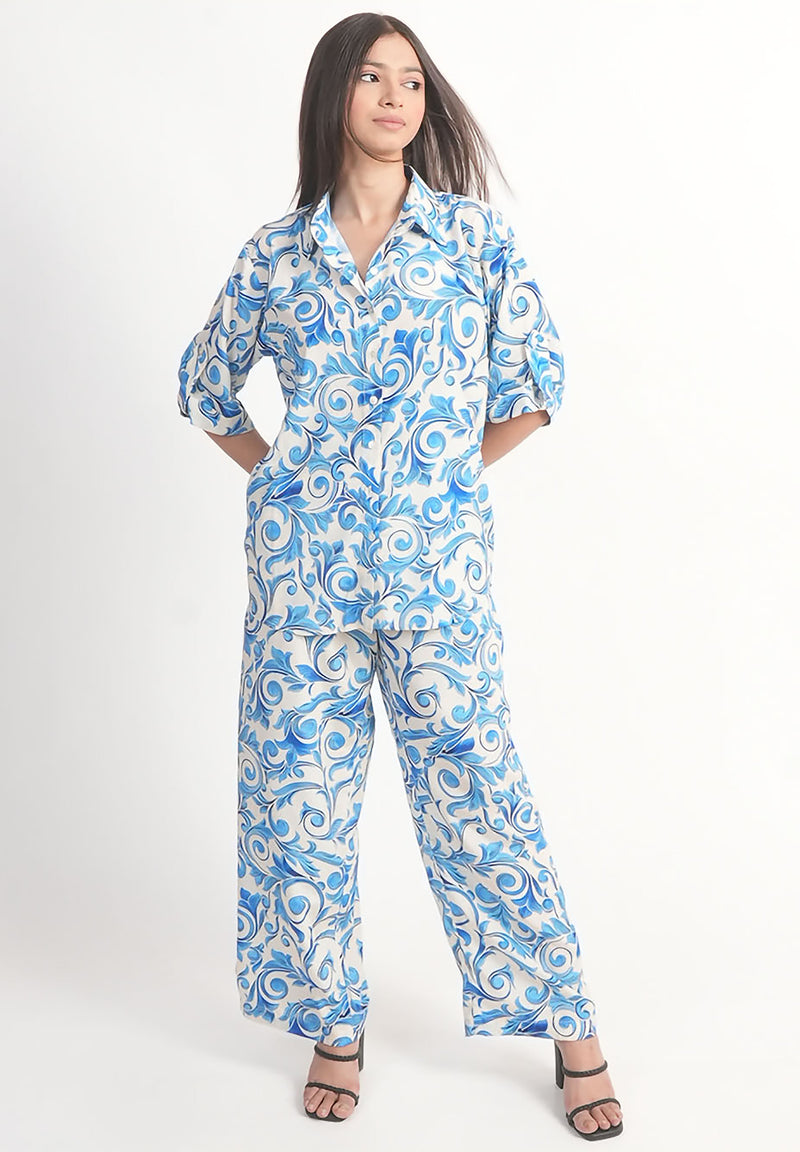 White & Blue Baroque Royal Crape Co-ord Set