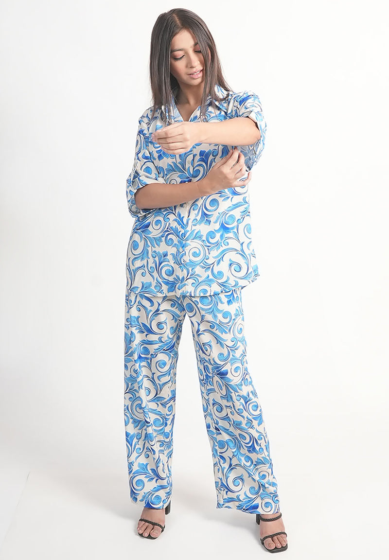 White & Blue Baroque Royal Crape Co-ord Set