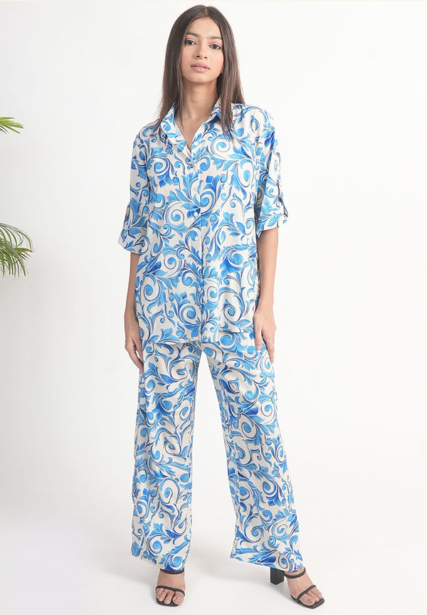 White & Blue Baroque Royal Crape Co-ord Set