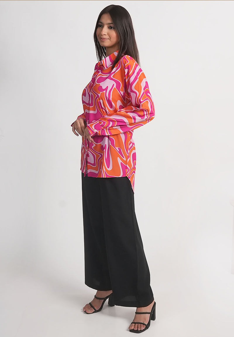 Pink & Orange Abstract Printed Royal Crape Shirt