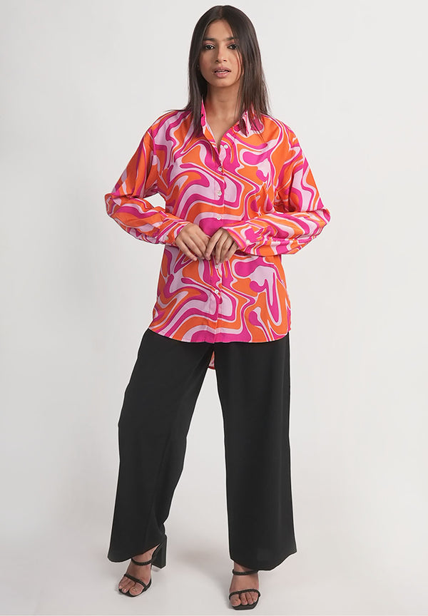 Pink & Orange Abstract Printed Royal Crape Shirt