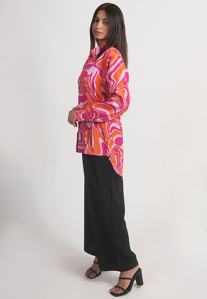 Pink & Orange Abstract Printed Royal Crape Shirt