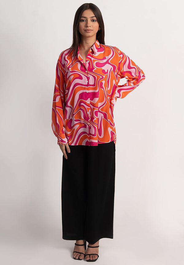 Pink & Orange Abstract Printed Royal Crape Shirt