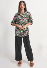 Pink Rose Printed Royal Crape Shirt – Black