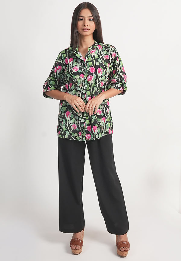 Pink Rose Printed Royal Crape Shirt – Black