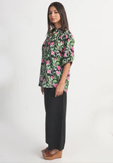 Pink Rose Printed Royal Crape Shirt – Black