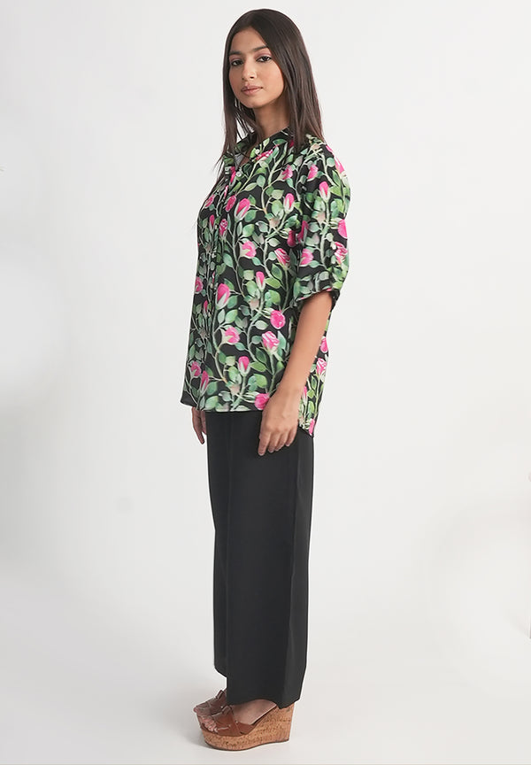 Pink Rose Printed Royal Crape Shirt – Black