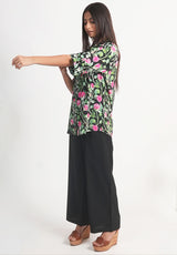 Pink Rose Printed Royal Crape Shirt – Black