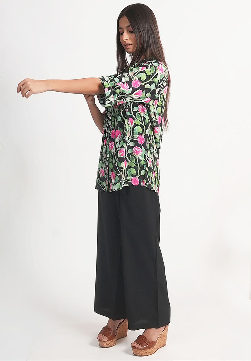 Pink Rose Printed Royal Crape Shirt – Black