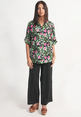 Pink Rose Printed Royal Crape Shirt – Black