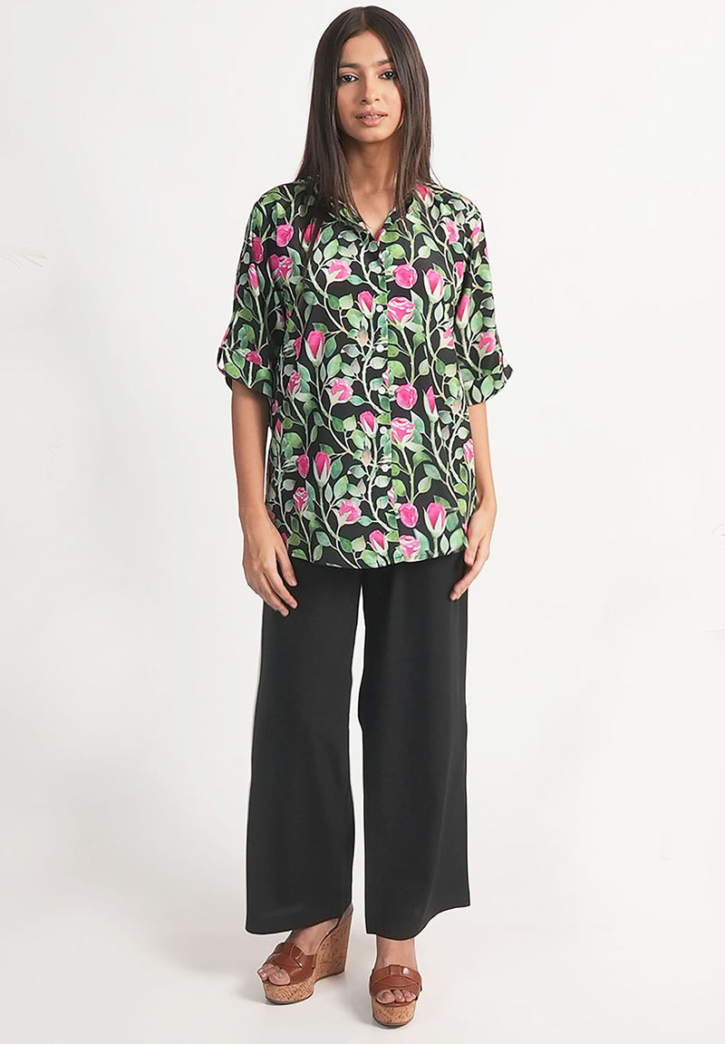 Pink Rose Printed Royal Crape Shirt – Black