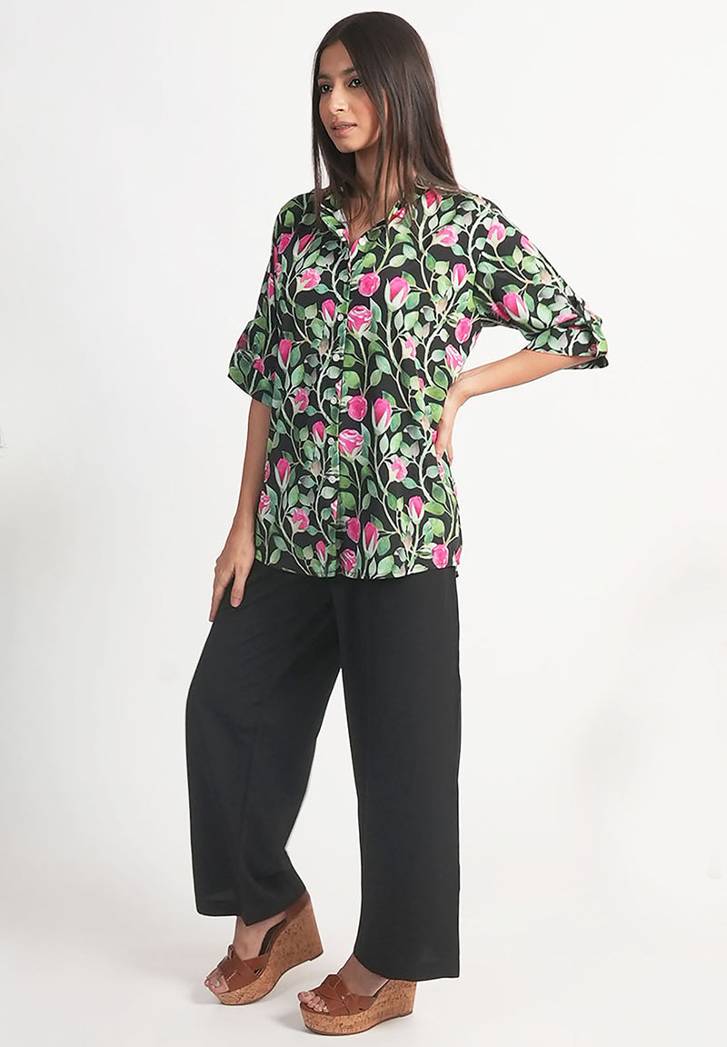 Pink Rose Printed Royal Crape Shirt – Black