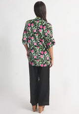 Pink Rose Printed Royal Crape Shirt – Black