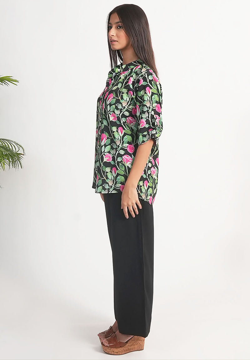 Pink Rose Printed Royal Crape Shirt – Black