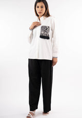 White & Black Embroidered Tassel Shirt
