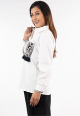 White & Black Embroidered Tassel Shirt