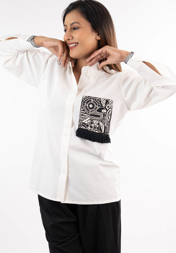 White & Black Embroidered Tassel Shirt